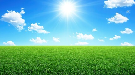 Obraz premium A bright, open green field beneath a vivid blue sky with white, billowy clouds drifting lazily, evoking a sense of calm and freedom.