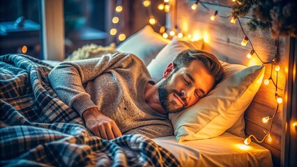Obraz premium Relaxed man lying in bed with cozy blankets, enjoying a peaceful morning and a moment of tranquility at