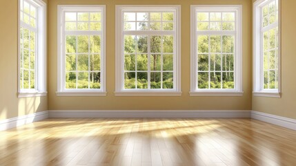 Fototapeta premium A bright room with large windows overlooking a scenic view, featuring elegant hardwood flooring and minimalist architecture.
