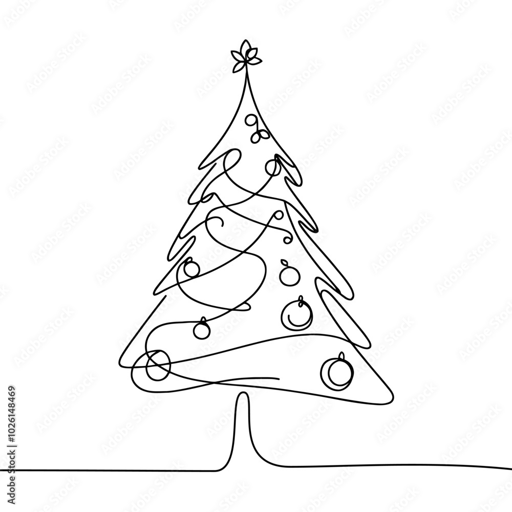 Poster continuous linear drawing of christmas tree. one line drawing christmas tree. christmas tree in one 