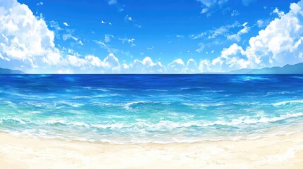 Obraz premium A bright summer beach with white sand, gentle ocean waves, and a vibrant blue sky, inviting a calm and sunny escape.