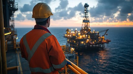Worker Observing Offshore Oil Rig Operations

