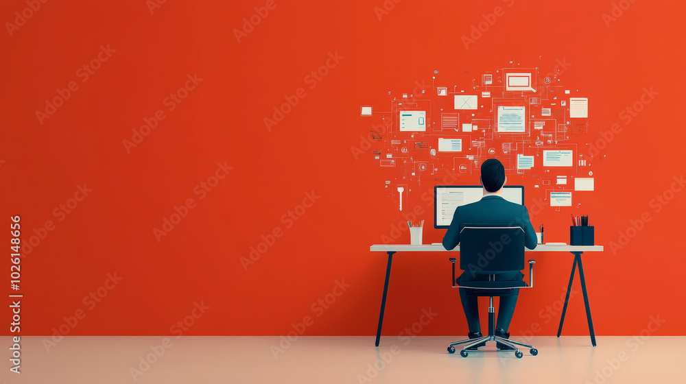 Aufkleber a person at a desk, working on a computer, with floating digital icons on a vibrant red background s