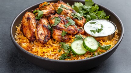 Fototapeta premium Aromatic yellow chicken biryani a heaping plate of fragrant yellow biryani rice topped with tender slow-cooked chicken served with a side of cucumber yogurt and crispy fried onions