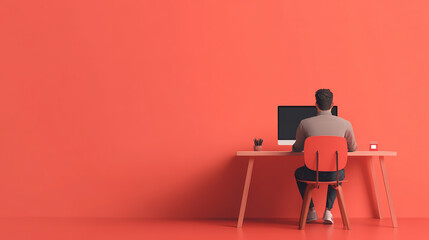 A person sits at an orange desk, facing a computer, surrounded by minimalist decor with a matching orange wall and floor.