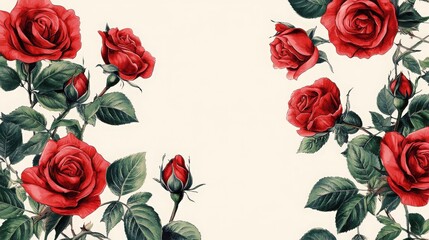 Elegant red rose floral border with detailed flower petals and vibrant green leaves. The charming design creates a beautiful and timeless background