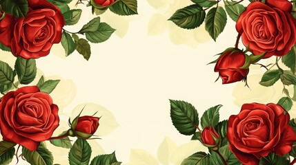 Fototapeta premium Elegant red rose floral border with detailed flower petals and vibrant green leaves. The charming design creates a beautiful and timeless background
