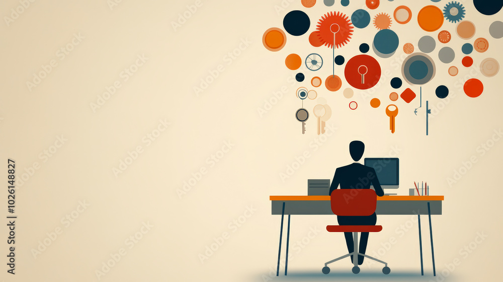 Aufkleber a person sits at a desk with a computer, surrounded by colorful gears and keys symbolizing creativit