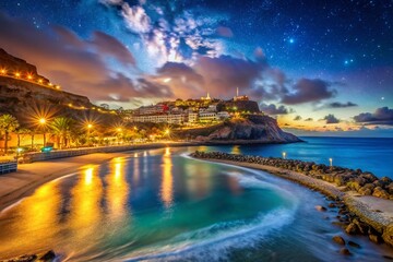 Fototapeta premium Stunning Night Aerial View of Amadores Beach, Gran Canaria - Serene Coastal Landscape