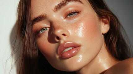 A close-up portrait of a beautiful woman with glowing, dewy skin, softly illuminated by natural light, her radiant complexion perfectly highlighting her skincare routine.