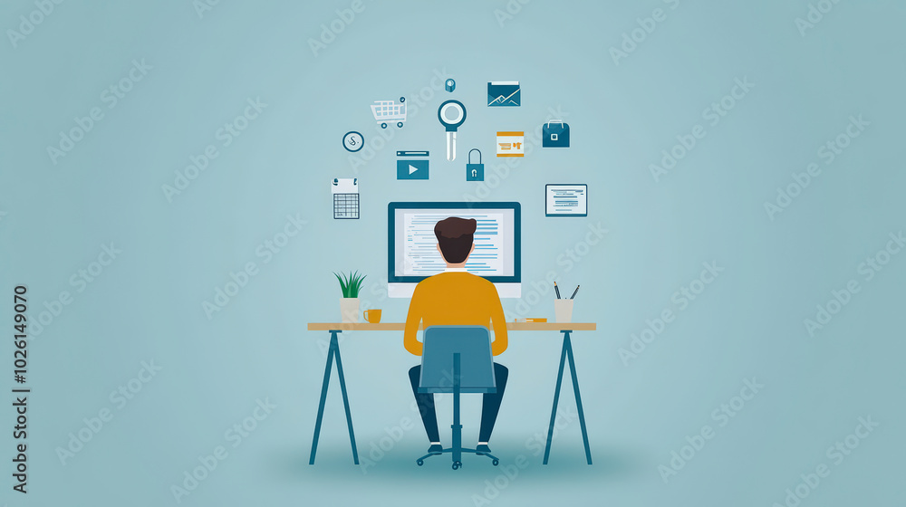 Poster person working at a desk on a computer, surrounded by digital icons representing technology and comm