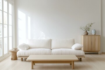 Fototapeta premium Minimalist, modern japandi interiors in the living room with tables and fluffy boucle sofas. Generative AI 