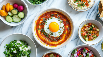 Overhead view of shakshuka featuring a perfectly poached egg yolk, beautifully arranged with vibrant side dishes including hummus, tabbouleh, and pickled vegetables, on a sleek white marble surface