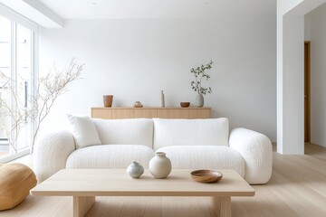 A modern japandi interior in the living room with minimalist, wood cabinets and boucle sofas. Generative AI
