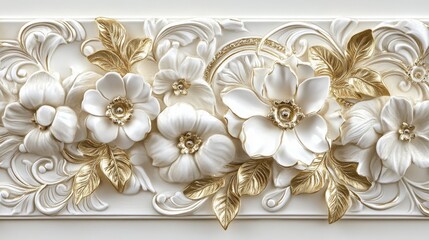 Elegant white and gold floral border with ornate jewelry-inspired patterns. The gold highlights enhance the detailed flower designs for a classy finish