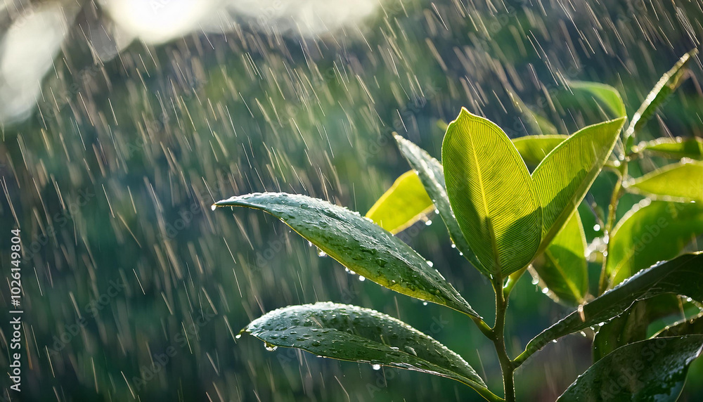 Poster close up of lush green leaves with raindrops falling, creating a refreshing and calming atmosphere.
