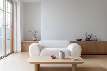 A modern japandi interior in the living room with minimalist, wood cabinets and boucle sofas. Generative AI

