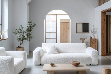 A modern japandi interior in the living room with minimalist, arched construction and fluffy boucle sofas. Generative AI

