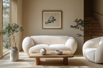 Minimalist, modern japandi interiors in the living room with beige walls hanging with art frames and boucle sofas and tables. Generative AI

