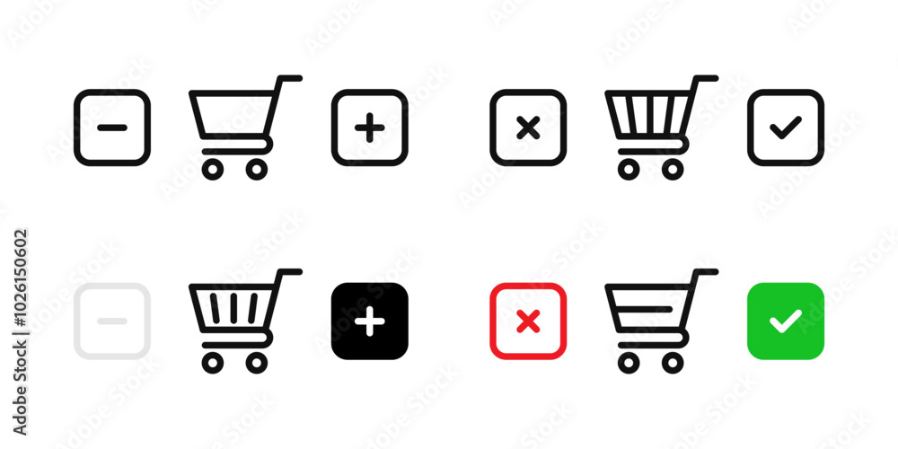 Poster add to cart icon. remove from cart symbol. edit quantity of goods button. shopping basket accept and