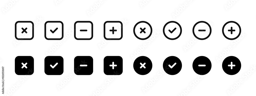 Poster plus and minus math icon set. checkmark and cross symbol. accept and reject buttons. positive and ne