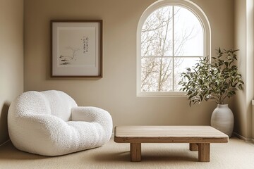 Minimalist, modern japandi interiors in the living room with bay-colored walls with art frames and white boucle armchairs and tables. Generative AI
