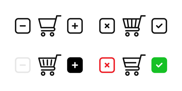 Add to cart icon. Remove from cart symbol. Edit quantity of goods button. Shopping basket accept and reject sign. Online shopping basket with plus and minus pictogram. Add to cart vector illustration.