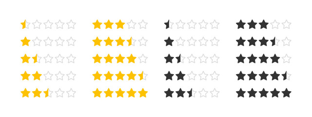 5 stars rating review interface template icon set. Half star ranking sample vector illustration. Quality review symbol with transparent stars. Feedback 5 star sign. Gold five stars collection