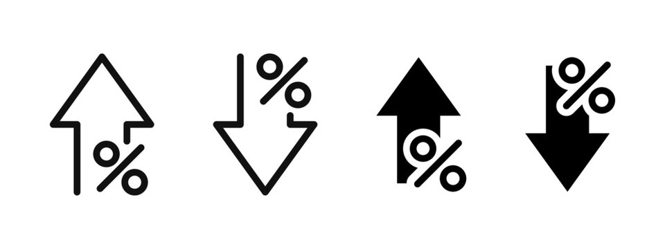 Percentage rate arrow icon set. Percent arrow up and down symbol. Price increase and decrease vector illustration. Profit sign. Up and down arrows with percentage pictogram. Financial growth concept.