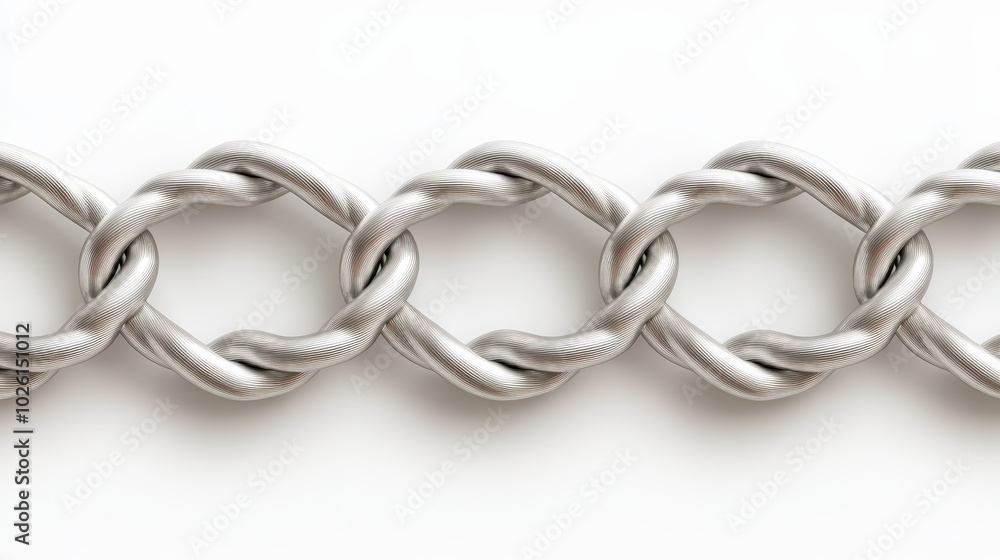 Poster a close-up view of a metallic chain with interlocking oval links, showcasing its shiny surface and e