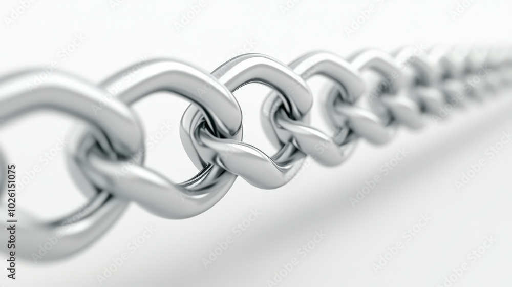 Poster a close-up view of a shiny metal chain displayed on a white surface, showcasing its interlinked stru