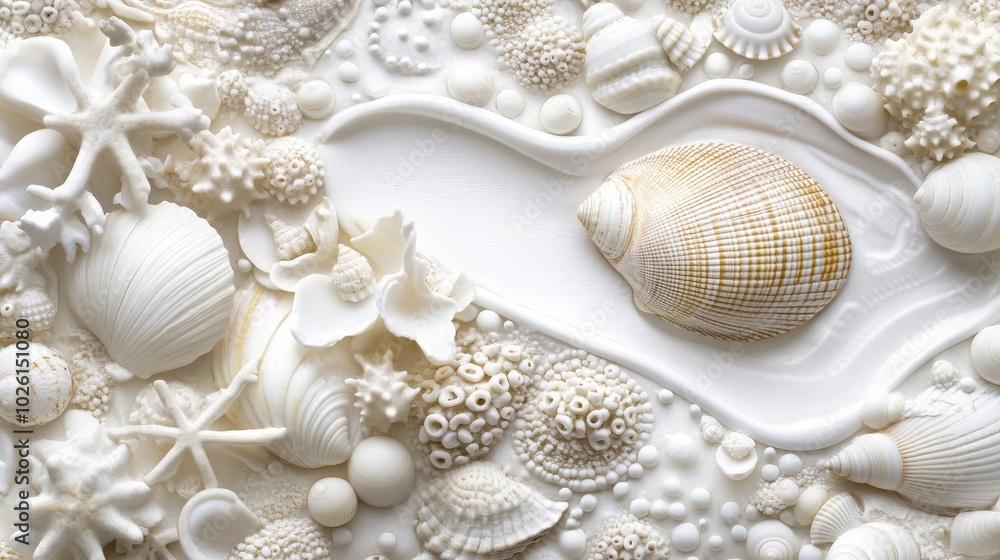 Poster elegant white backdrop with a detailed view of a clam and seashells, highlighting their intricate pa