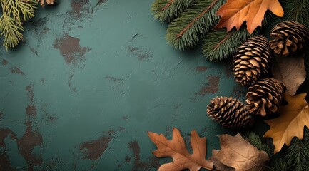 Color palette for an autumn-themed website, with green and brown color swatches on the right side of an empty canvas, and leaves and pine cones in the foreground, in a flat lay composition