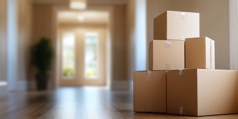 clean and simple image of moving boxes stacked in hallway, conveying sense of organization and preparation for relocation. warm tones and blurred background enhance feeling of welcoming space