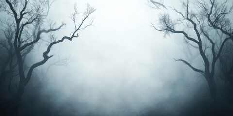 Eerie foggy landscape with silhouetted branches, invoking a sense of mystery and tranquility in a misty atmosphere.