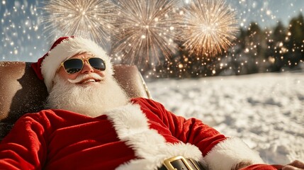 Santa leaning against his sleigh, sunglasses on, as fireworks explode in the background, in a dramatic, cinematic style
