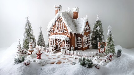 Elegant white backdrop with a festive gingerbread house Christmas dessert, adorned with winter decorations and cheerful details
