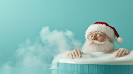 Santa relaxing in a hot tub after a long night, steam rising, in a relaxing spa-themed photography style