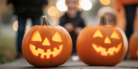 Festive Halloween pumpkins with glowing faces, set against a blurred autumn background, perfect for seasonal celebrations.