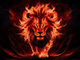 A mesmerizing and vibrant abstract artwork featuring a lion composed entirely of fiery, swirling flames