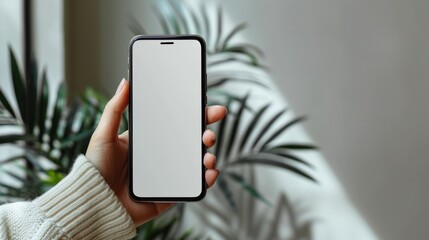 Woman's hand holding white screen smartphone on white background daylight