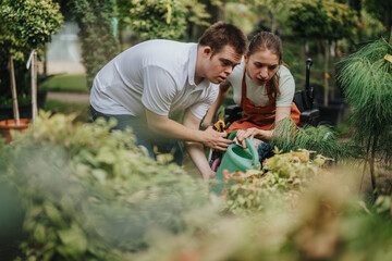 A male with Down syndrome and a female in a wheelchair work together in a greenhouse. They are...