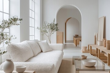 A modern japandi interior in the living room with minimalist, arched construction and fluffy boucle sofas. Generative AI
