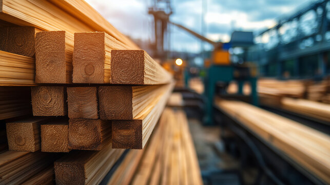 Rows of stacked pine wood planks lined up in a factory, with state-of-the-art machines in the background, the scene emphasizing the organized and technological approach to timber p