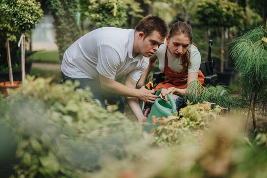 A male with Down syndrome and a female in a wheelchair work together in a greenhouse. They are engaged in gardening activities, showing teamwork and inclusivity in a lush environment.