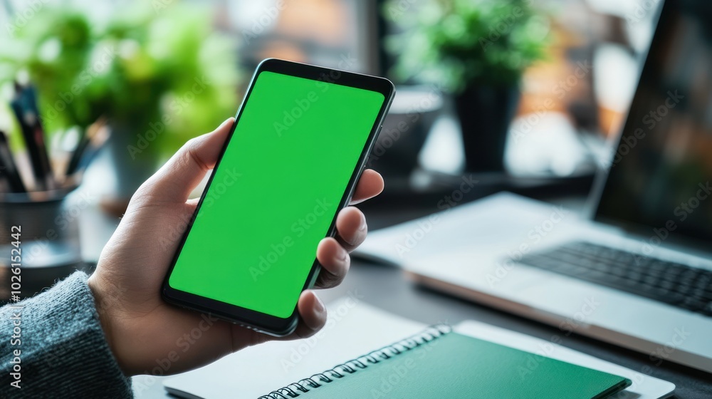Poster designer in a modern workspace holding a smartphone with a green screen mockup display, focused on t