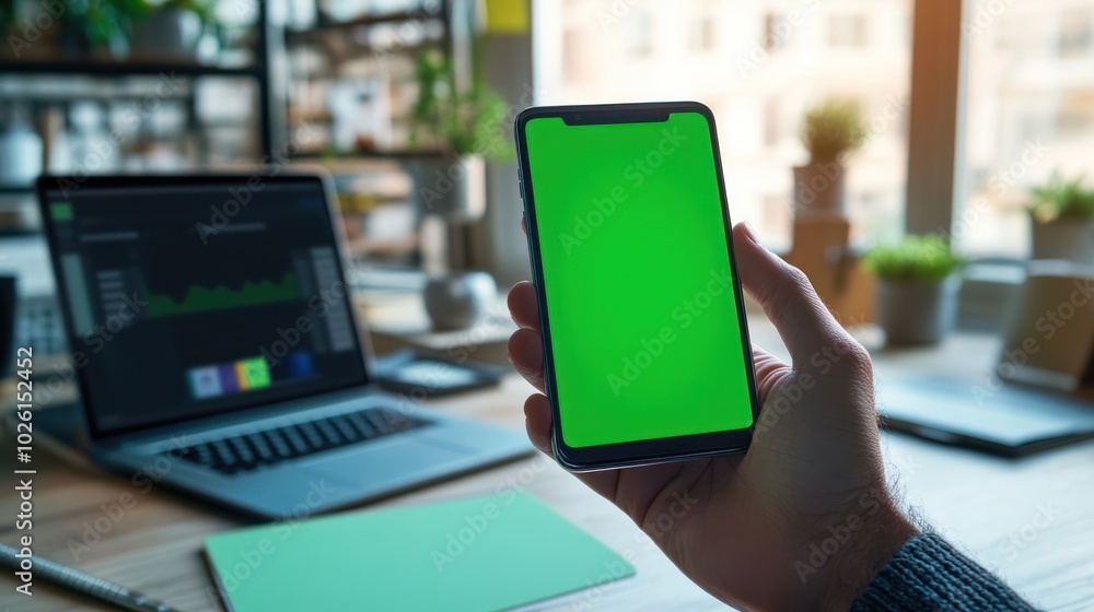 Poster designer in a modern workspace holding a smartphone with a green screen mockup display, focused on t