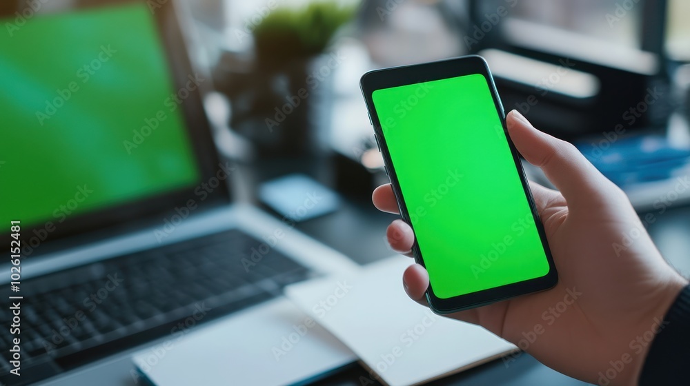 Poster designer in a modern workspace holding a smartphone with a green screen mockup display, focused on t
