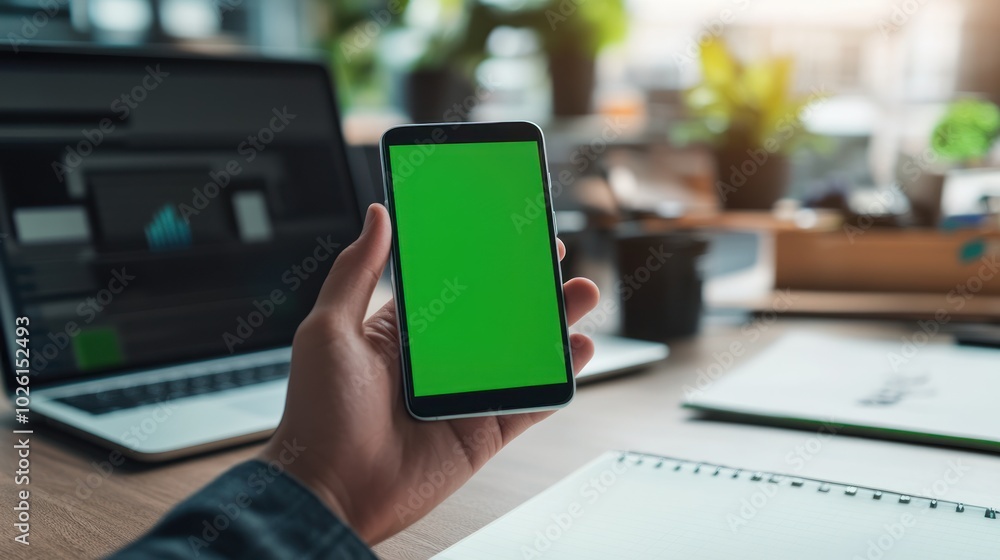 Poster designer in a modern workspace holding a smartphone with a green screen mockup display, focused on t