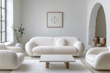 A modern japandi interior in the living room with minimalist, fluffy white boucle sofas and tables. Generative AI
